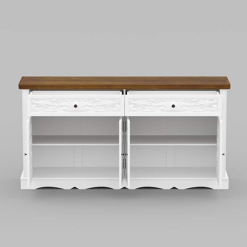 Classic White Sideboard Cabinet with Carved Doors and Rustic Metal Hardware Buffet Display Cabinet