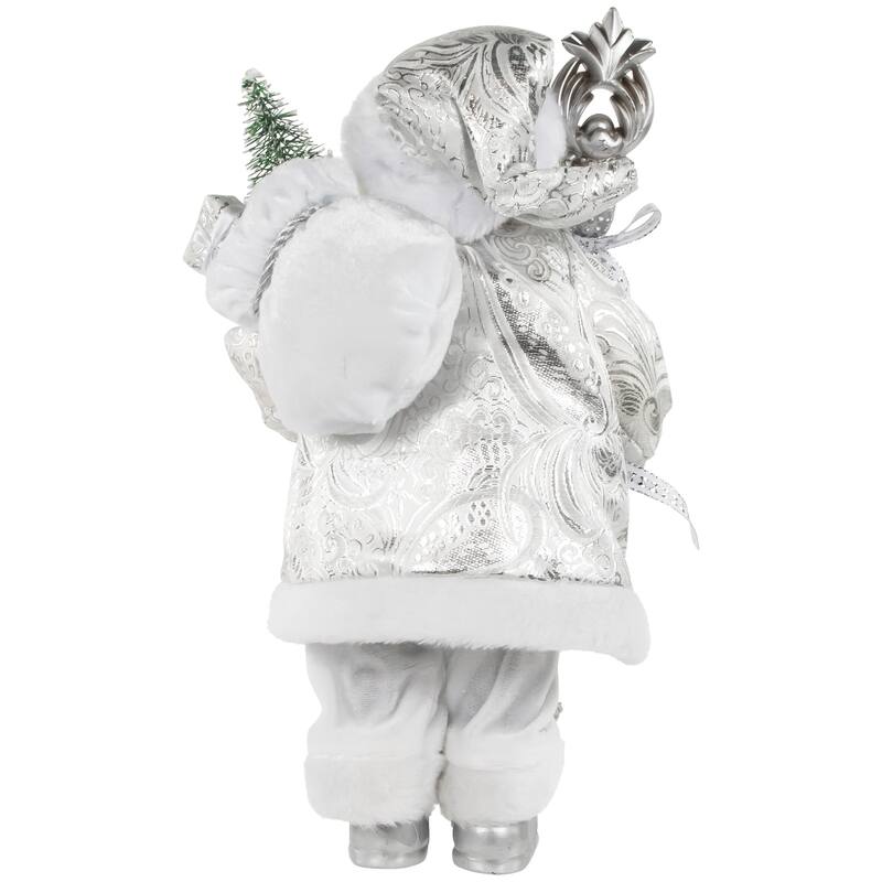 12" White and Silver Santa Claus with Staff and Gift Bag Christmas Figure