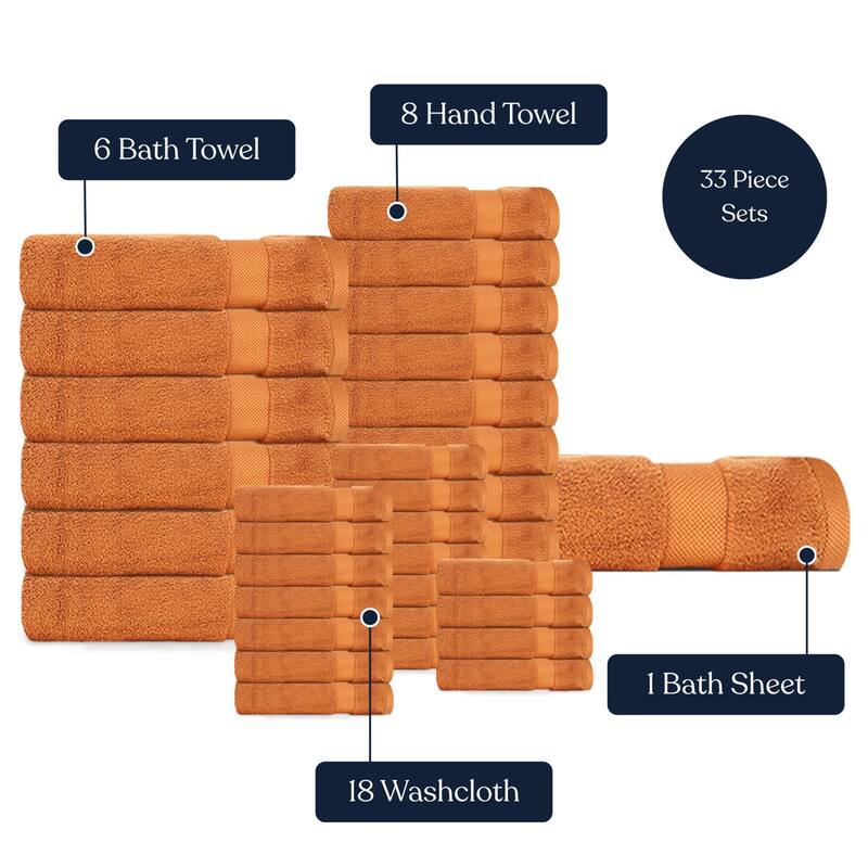 Delara Organic Cotton Luxuriously Plush Bath Towel 33 Piece Set, GOTS & OEKO-TEX Certified, 650 GSM Long Staple