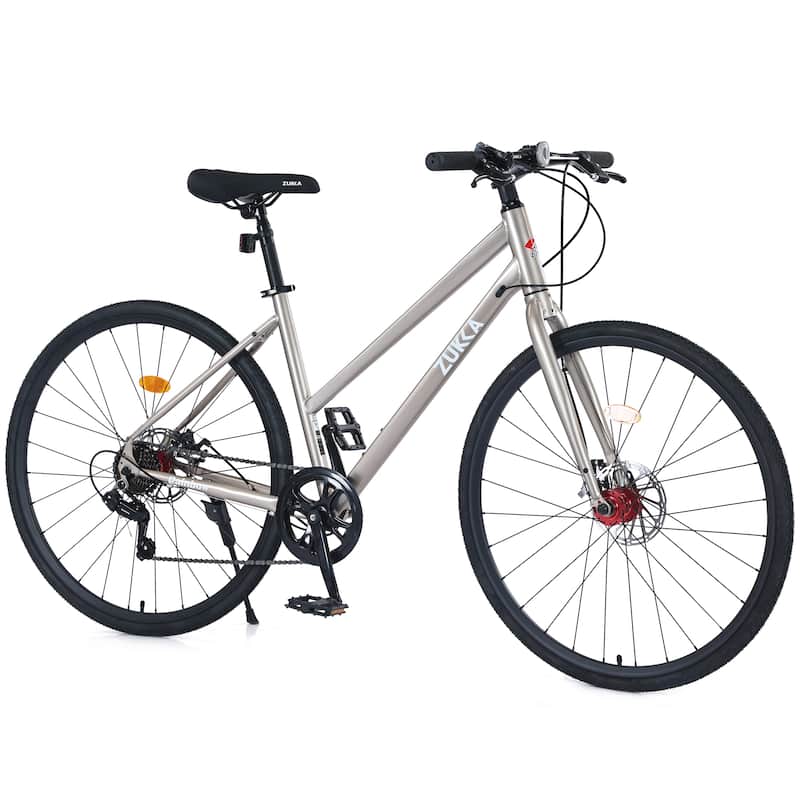 7 Speed Hybrid City Commuting Bike with Double Brakes, 18 Inch Steel Frame, 700C Road Cycling Bicycle for Boys & Girls - Grey