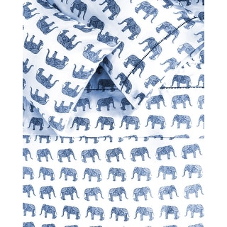 Printed Design Cotton Collection 400 Thread Count Navy Elephants Embroidered Sheet Set