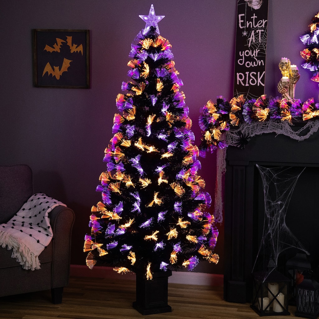 8-function Fiber Optic Artificial Pine Potted Halloween Tree - 6' - Black - Orange and Purple LED - 6-to-7-feet