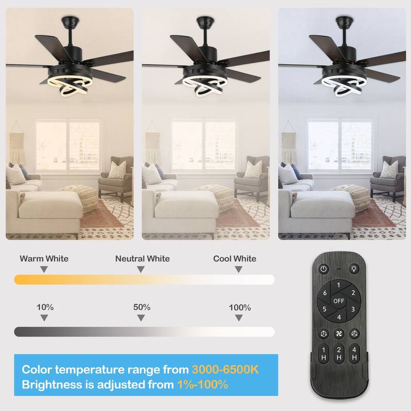 Oaks Aura 52in. DIY Shade Modern Reversible Ceiling Fan with Light, 6-Speed Silent Motor Ceiling Fan with Remote for Large Room
