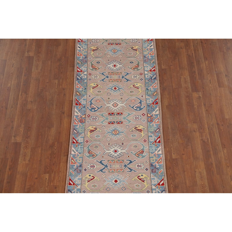Geometric Kazak Oriental Runner Rug Handmade Red Wool Carpet - 2'7" x 9'7"