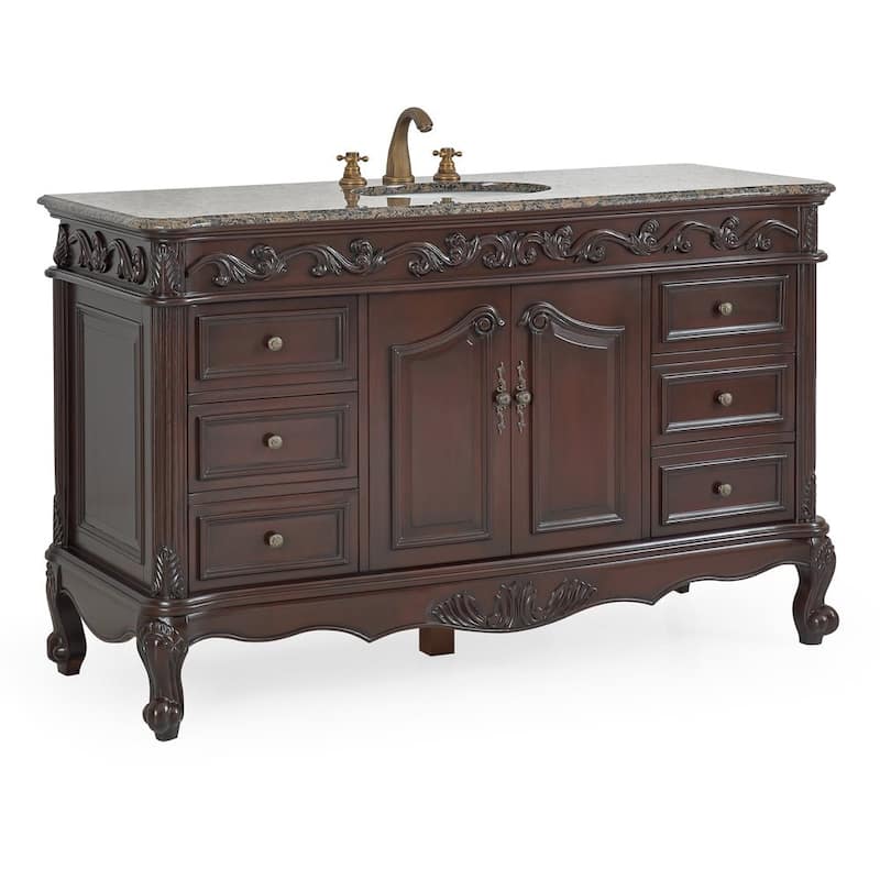 Benton Collection 56 inch Traditional Style Bathroom Sink Vanity With Baltic Brown Top