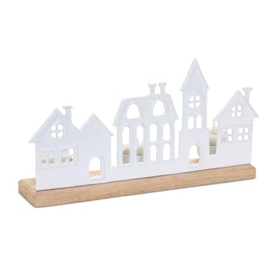 Aluminum Wood Village Candle Holders Set of 2 with Tea Light Holders, Rustic Design - 12” x 2.5” x 6” (L x W x H)