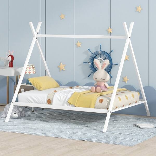 slide 2 of 7, Full Size Metal Frame House Bed,Tent Bed Floor Play House Bed with Slat for Kids Girls Boys,No Box Spring Needed White