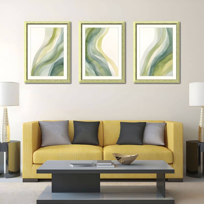 Set of 3 Abstract Green Framed Wall Art - Replaceable Canvas Prints with Solid Wood Picture Frames, Modern Wall Decor