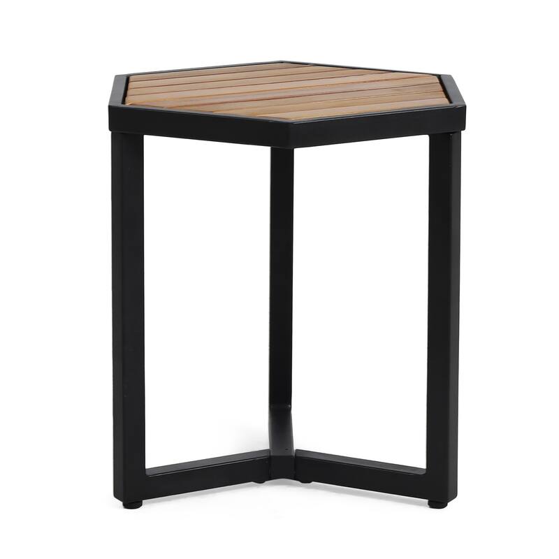 Roomfitters Outdoor Accent Side Table with Durable Metal Base and Teak-Style Surface, Beige