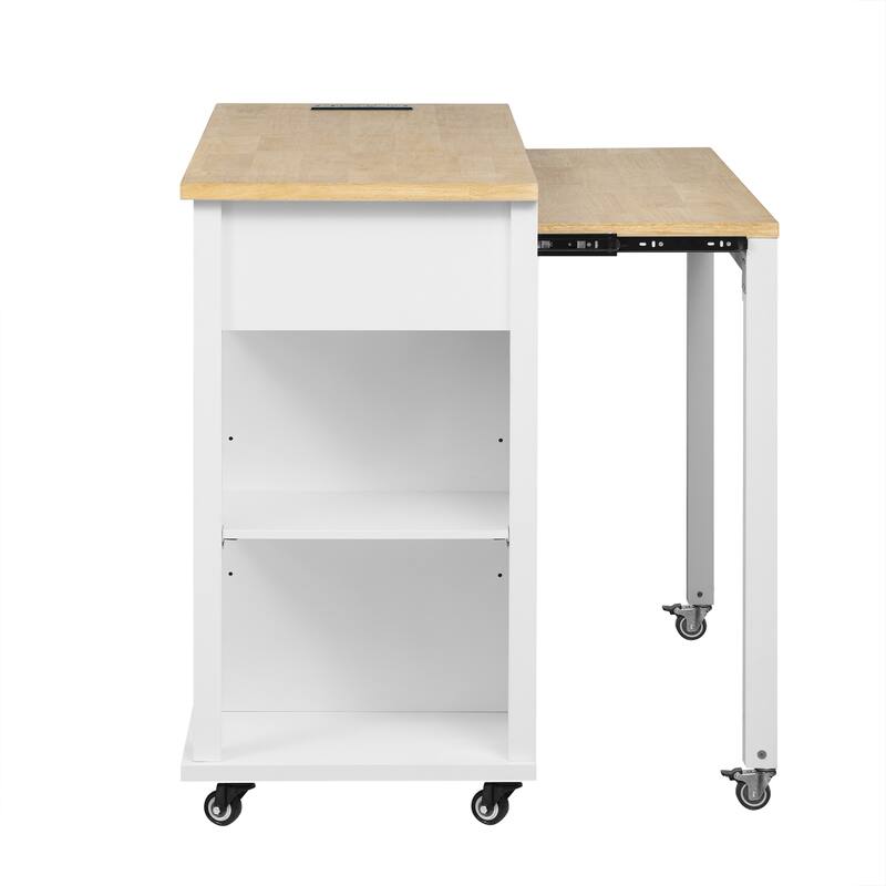 Rubber Wood Veneer Kitchen Island with Extendable Dining Table, Power Outlet
