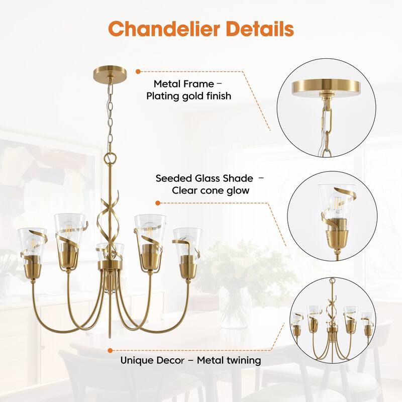 Parrot Uncle 26" Modern Gold 5-Light Dimmable Seeded Glass Chandelier