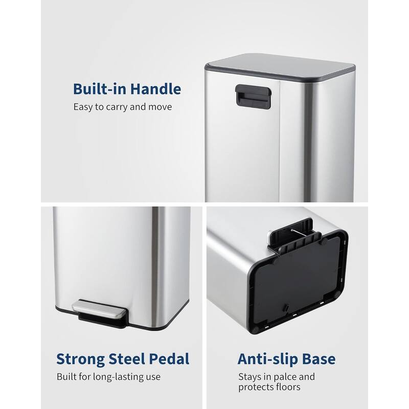 3.4-Gallon Rectangular Step Trash Can Stainless Steel with Soft-Close Lid and Removable Bucket Silver