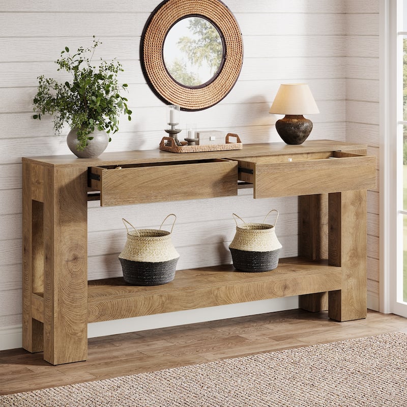 2-Tier Wooden Console Table with 2 Drawers for Entrance - /