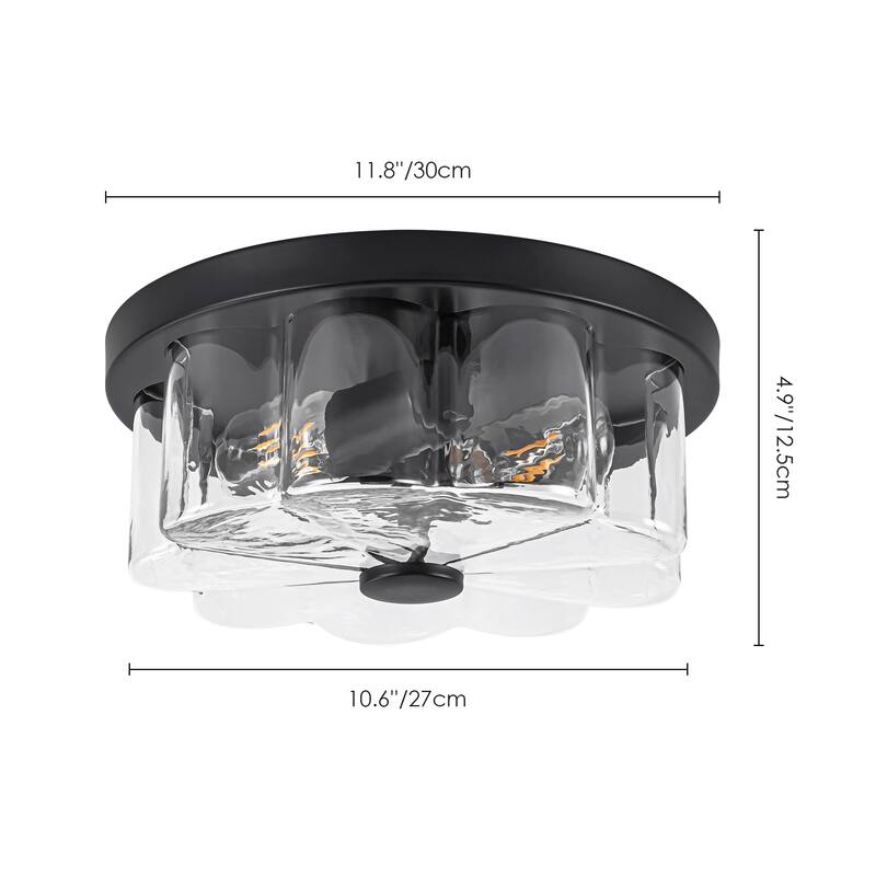 2-light Modern Farmhouse Matte Black Flush Mount Ceiling Light with Clear Flower-Shaped Glass Shade