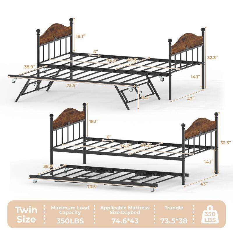 Twin Metal Daybed with Pop-Up Trundle, Lockable Casters