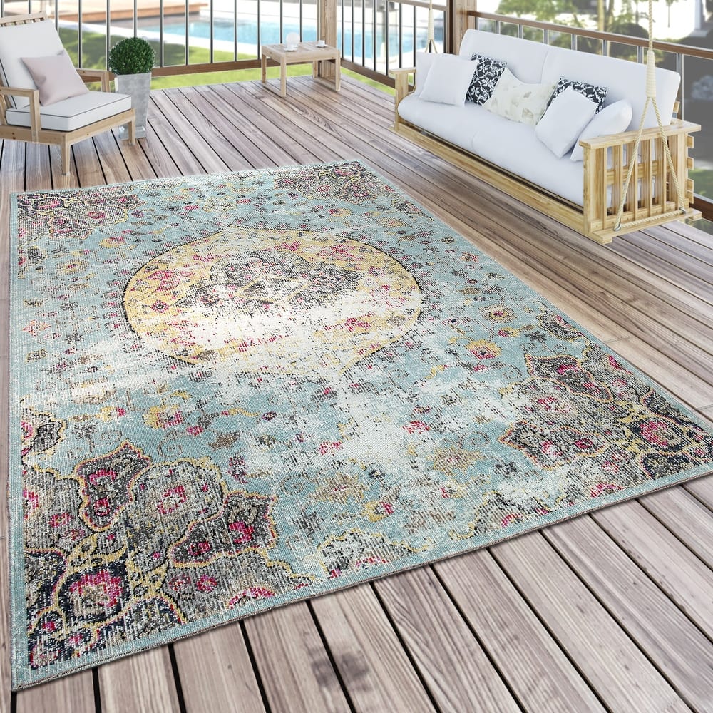 Indoor & Outdoor Rug Oriental Design in Turquoise Pink Yellow Pastel