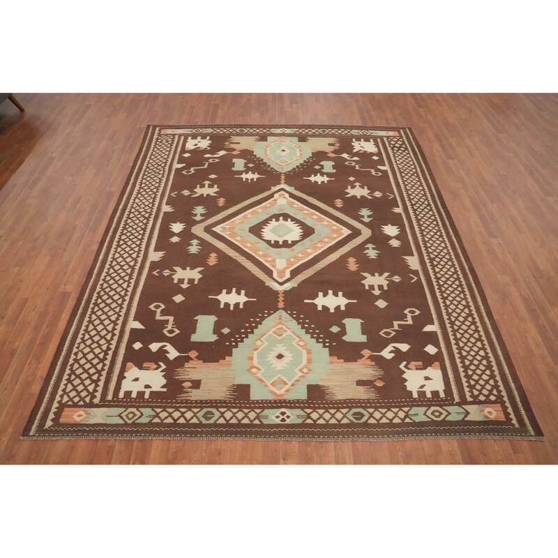 Hand Woven Oriental 100% Wool Carpet Southwestern Tribal Brown Kilim Area Rug - 9' 6'' X 8' 2''