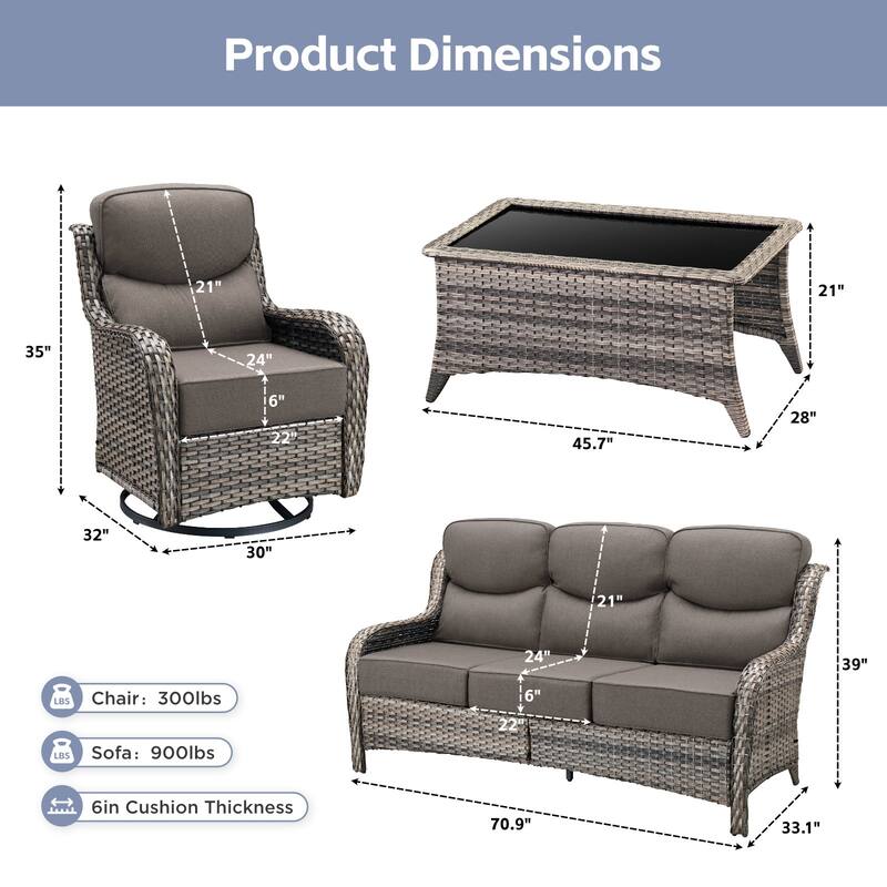 Arcadia 4-Piece Wicker Outdoor Patio Conversation Set with Swivel Gliders and 6-Inch Thick Olefin Cushions