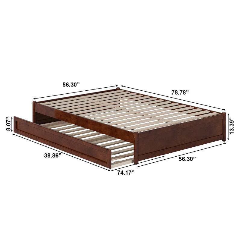 Platform Bed with Trundle - Twin Size, Walnut Finish - Full Panel Design & Wood Slats - Guest Bed