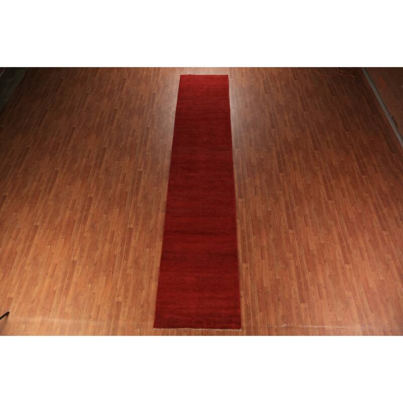 Red Modern Gabbeh Oriental Runner Rug Hand-Knotted Wool Carpet - 3'4" x 16'2"