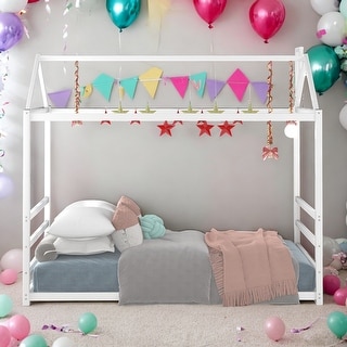 Twin Size Cute Playful House Platform Bed With Roof And Chimney Design For Bedroom