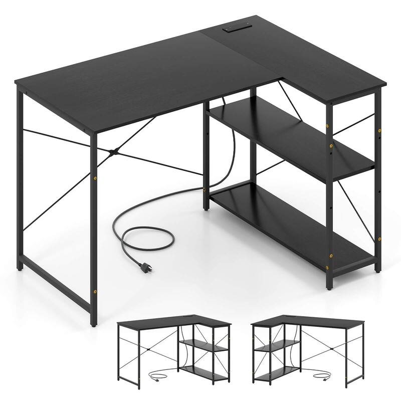 Costway L-Shaped Computer Desk with Power Outlets Adjustable shelf