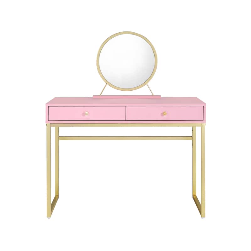 Pink Mirrored Wood Dresser with 2 Drawers and Gold Finish and Modern Vanity - 31” L x 20” W x 42” H - Pink