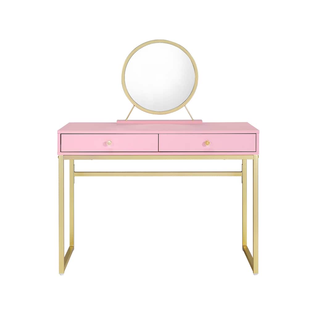 Pink Mirrored Wood Dresser with 2 Drawers and Gold Finish and Modern Vanity - 31” L x 20” W x 42” H
