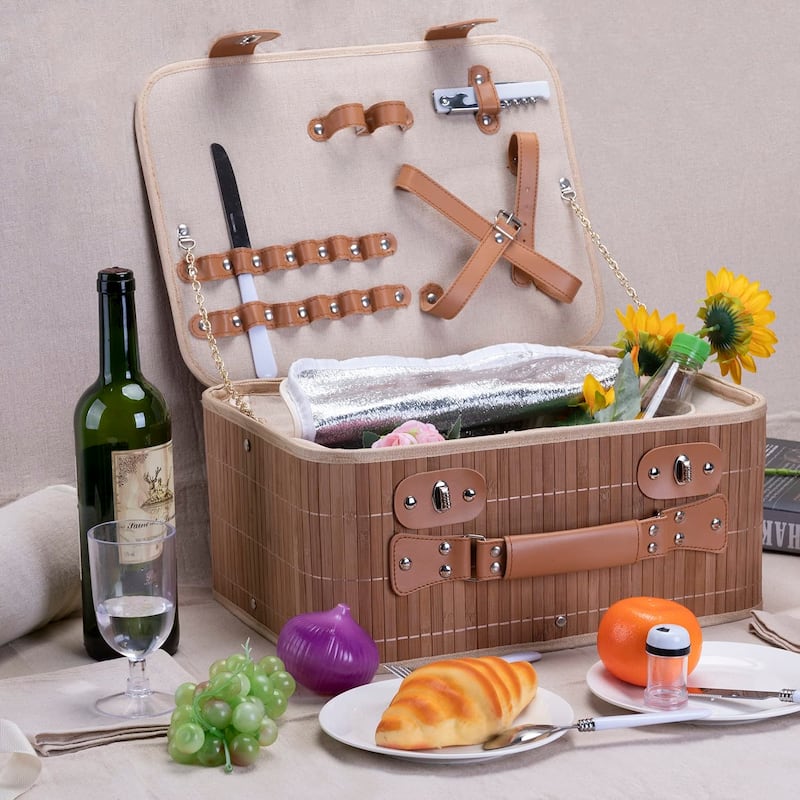 Picnic Basket Set for 2 with Waterproof Blanket Insulated Wine Pouch Hamper with Cutlery for Two Persons