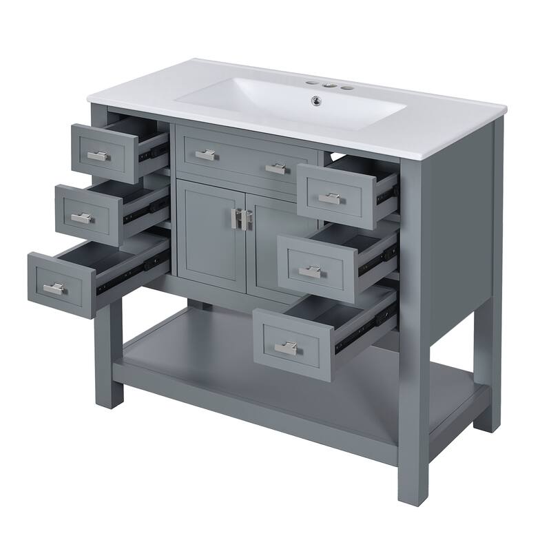 36"Freestanding Bathroom Vanity with Ceramic Sink and Mirror Cabinet