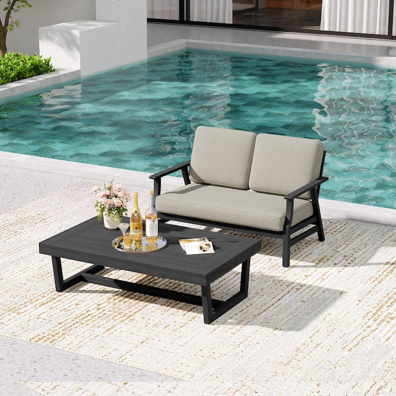 2-Piece Teak Outdoor Loveseat Set with Table.