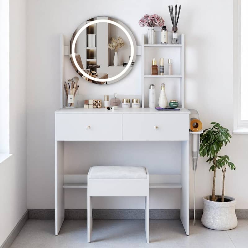Modern Vanity Set with Touch LED Mirror, Built-in 2 AC Outlets, USB & Type-C Charging, Stool Included, Makeup Storage Desk - White