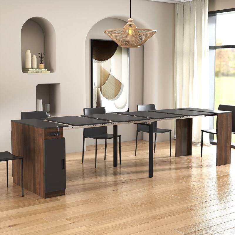 Modern Extendable Dining Table with Outlet & Storage, Space-Saving Expanding Table for Party & Meetings