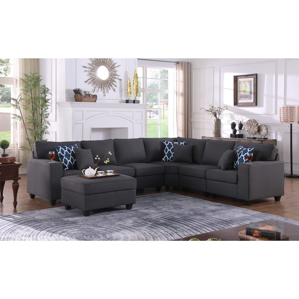 7 Piece Upholstered Sectional Sofa with Ottoman in Dark Gray