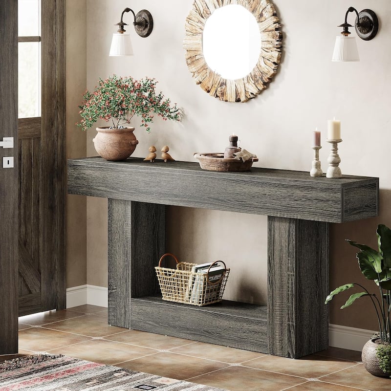 63" Long Console Table, Farmhouse 2-Tier Entryway Table with U-Shaped Base - 63" W x 11.8" D x 32.3" H