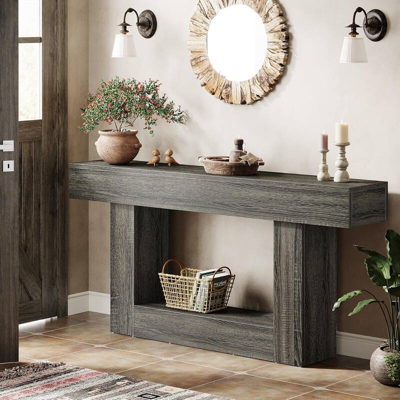 63 Inches Brown/ Gray Wood Hallway Table, Farmhouse Console Table for Entryway - Dark Grey
