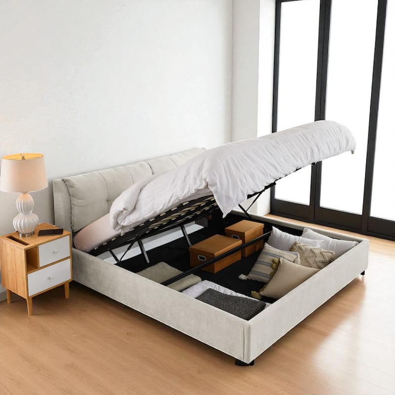Queen/King Size Upholstered Hydraulic Storage Platform Bed with Chenille Fabric and Integrated Headboard