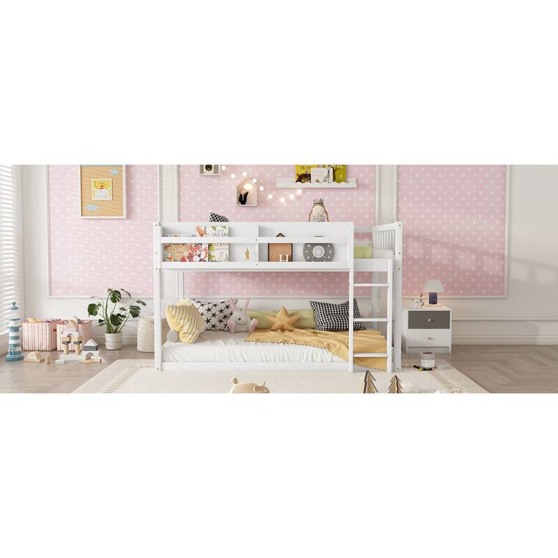 Roomfitters Twin Over Twin Bunk Bed, Low Floor Loft Platform Bed and Shelf with Wooden Frame for Bedroom
