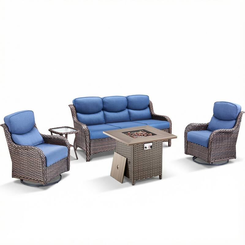 Pocassy Outdoor Propane Fire Pit Table with Sofa Swivel Chair Funiture Set.