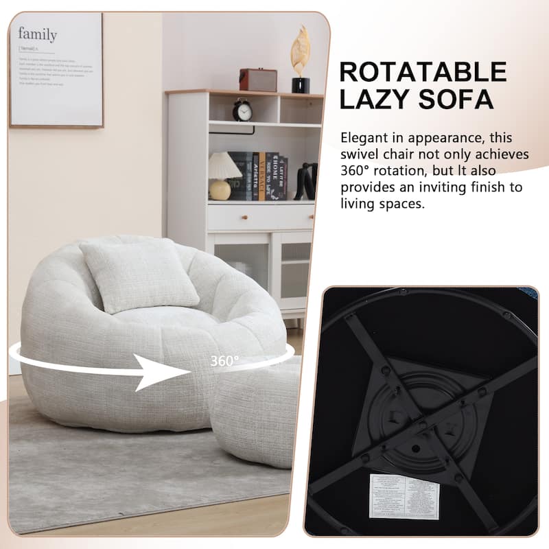 HOMEFUN Chenille Upholstered Round Lazy Cozy Bean Bag Chair with Ottoman and a Pillow