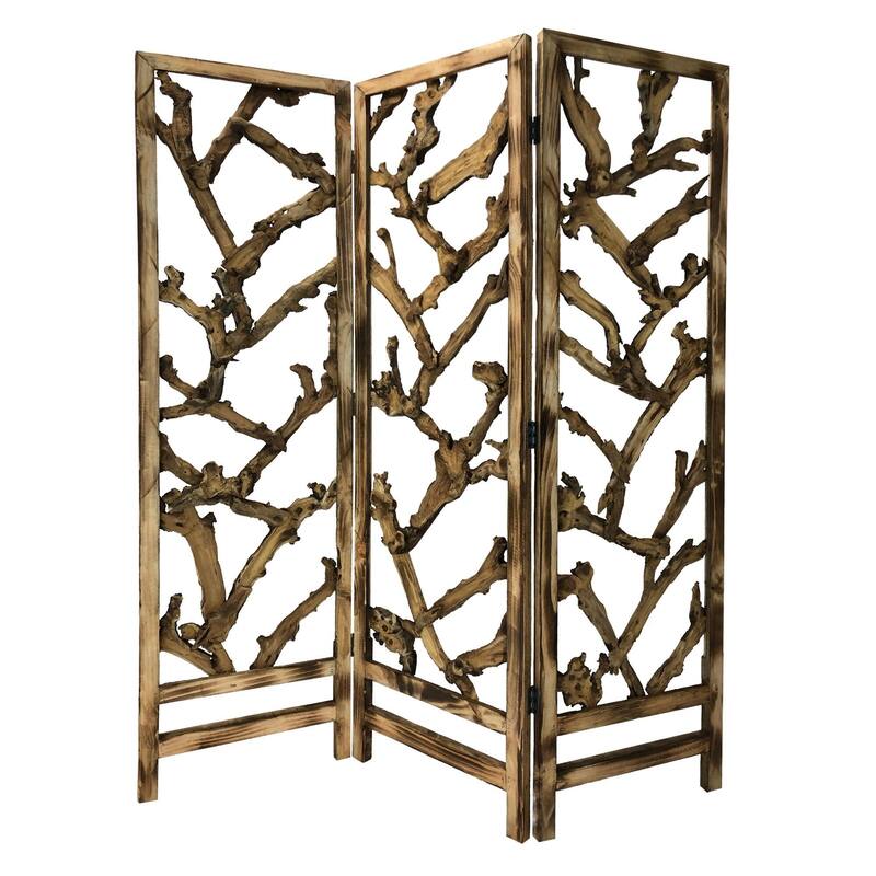 72 Inch 3 Panel Screen Divider, Rustic, Mulberry Branch Design, Brown