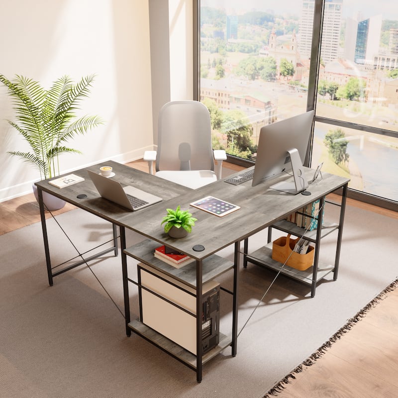 86.6 Inch L Shaped Desk Reversible Corner Office Computer Desk with Shelves - Grey Wash