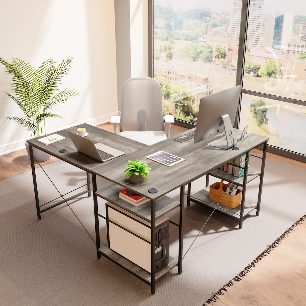 86.6 Inch L Shaped Desk Reversible Corner Office Computer Desk with Shelves