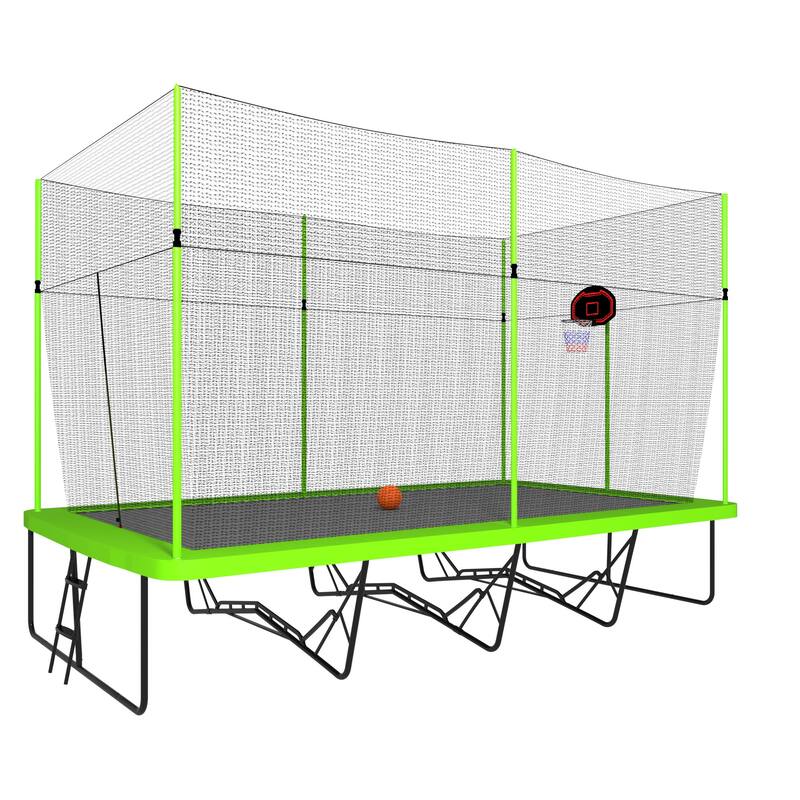 10ft by 17ft Trampoline with Green Fabric Black Powder-coated Galvanized Steel Tubes with Basketball Hoop System Advanced Ladder