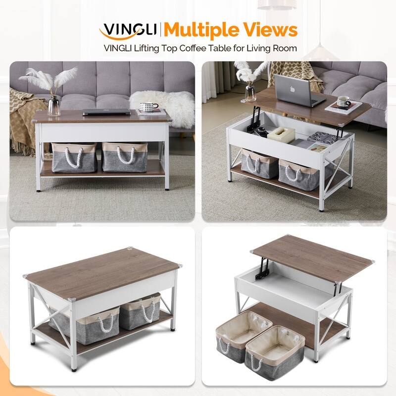 VINGLI Adjustable Side X-shaped Metal Frame Rectangular P2 Board Brown Panel Wood Grain Side Panel Coffee Table