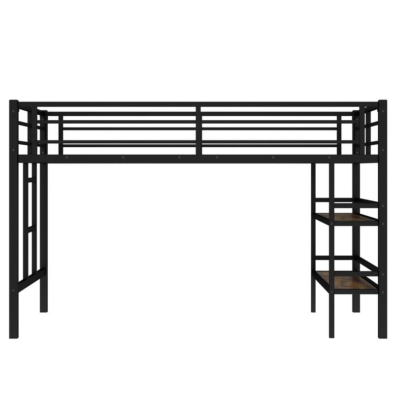 Roomfitters Metal Twin Loft Bed Frame with Ladder, Safety Rail & Built-in Storage Shelf, Space-Saving Design, Black