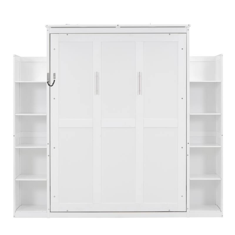 Roomfitters Full Size Murphy Bed with Shelves and LED Lights, Foldable Wall Bed with Storage Cabinet