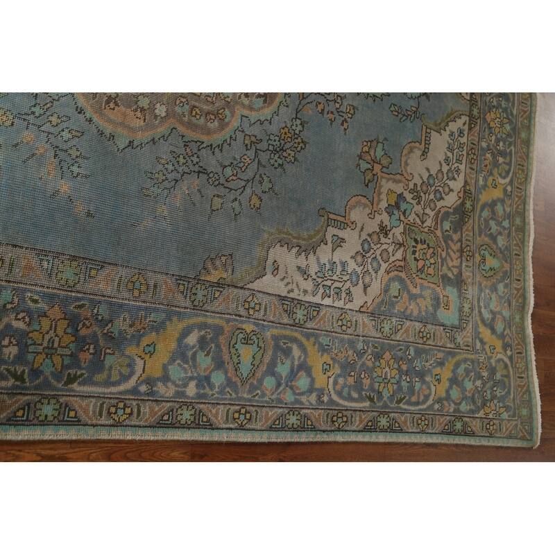 Hand Knotted Oriental 100% Wool Carpet Traditional Medallion Navy Blue & Blues Tabriz Area Rug - 9' 4'' X 6' 8''