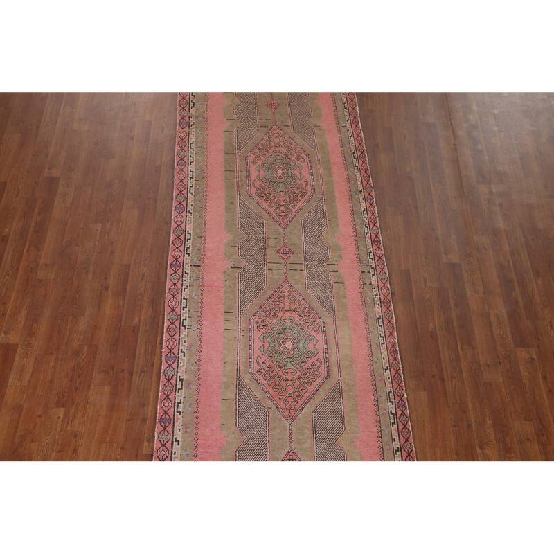 Pink Geometric Sirjan Persian Runner Rug Vintage Handmade Wool Carpet - 3'4" x 12'3"