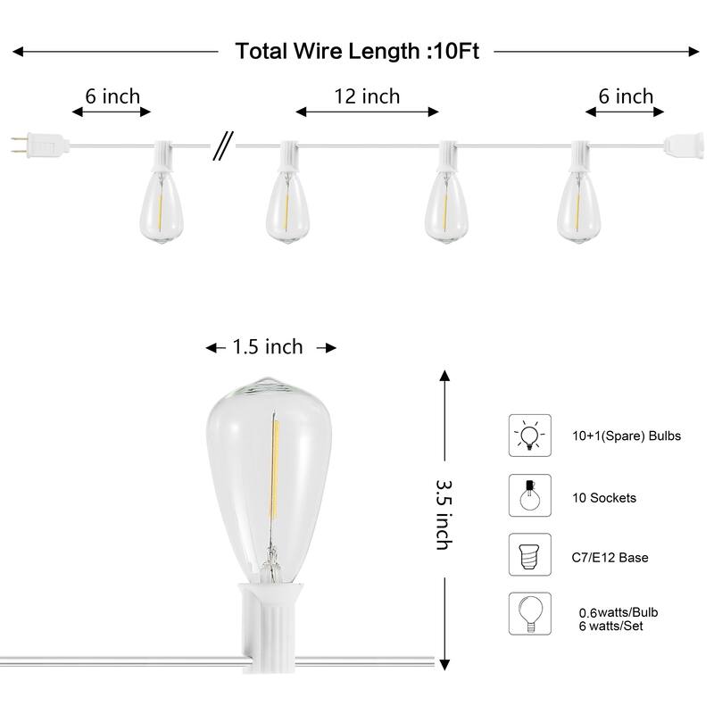 JONATHAN Y 10 ft C7 String Lights - 10-Light, Indoor/Outdoor - 10-Light